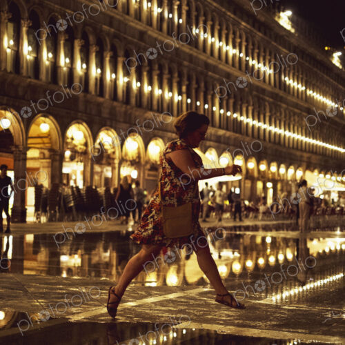 Woman skipping across an illuminated St Marks Square in Venice, Veneto, Italy, at night.