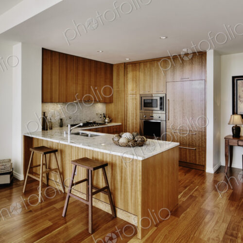 Wood cupboards in modern kitchen