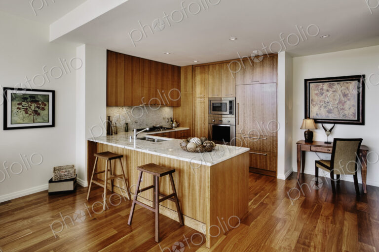 Wood cupboards in modern kitchen