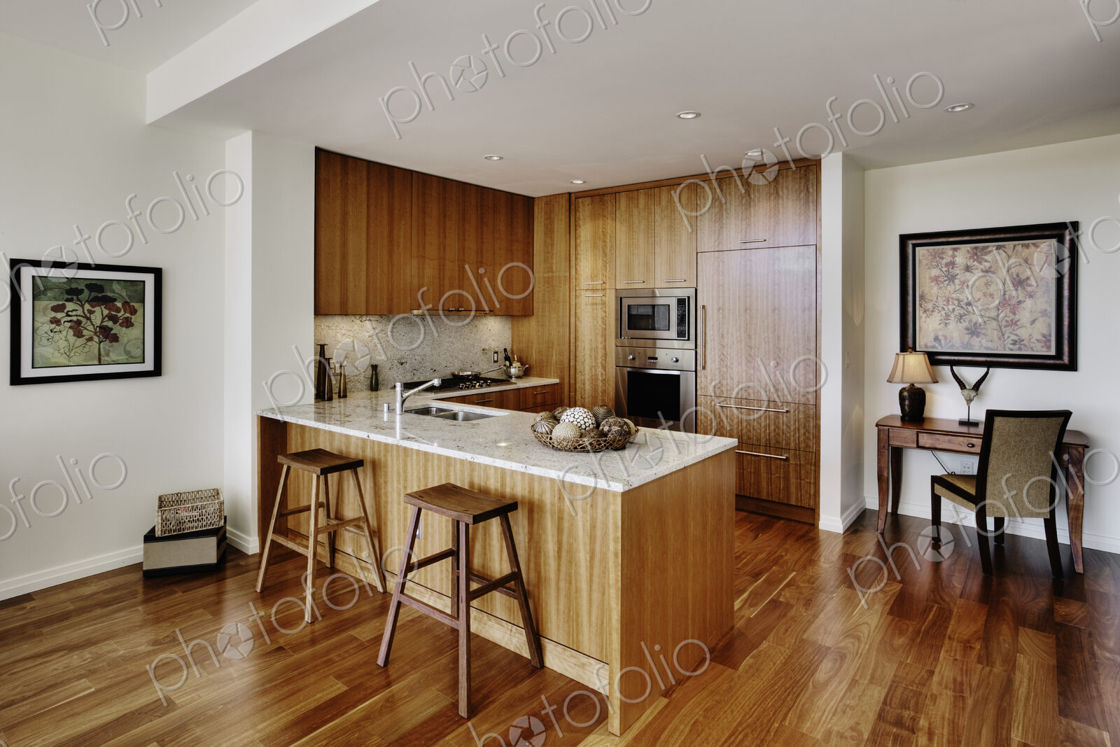 Wood cupboards in modern kitchen