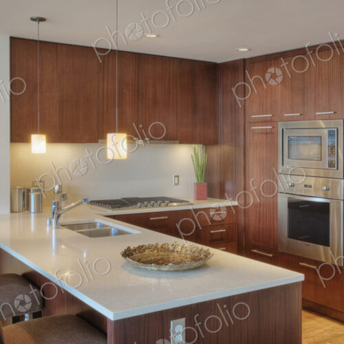 Wood cupboards in modern kitchen