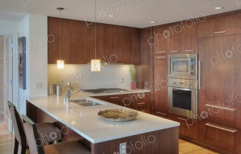 Wood cupboards in modern kitchen