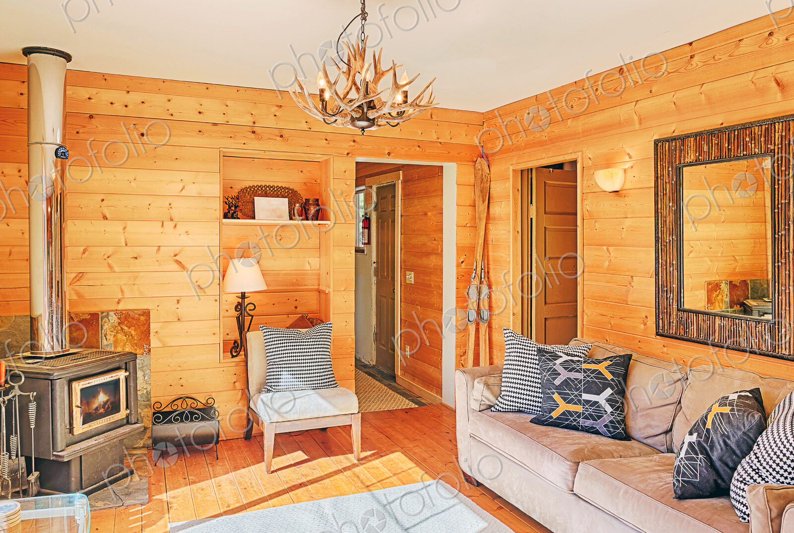 Wood paneling in rustic living room