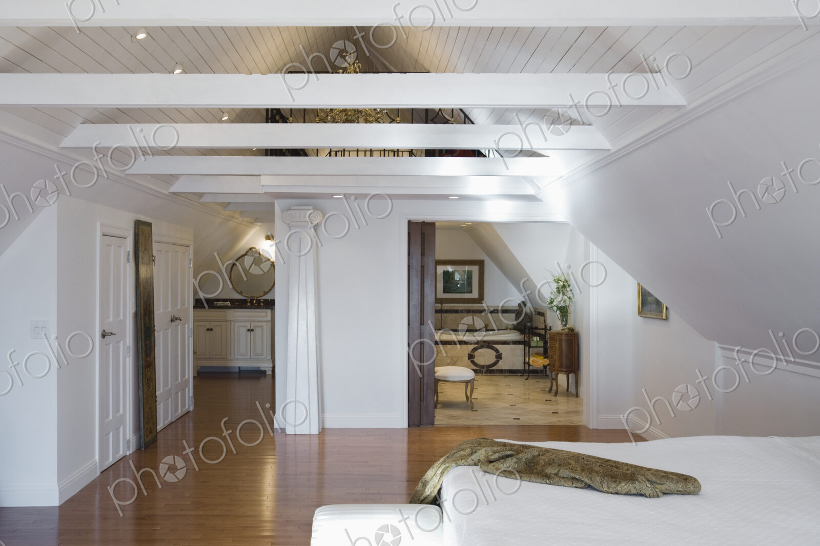 Wooden beams in master bedroom