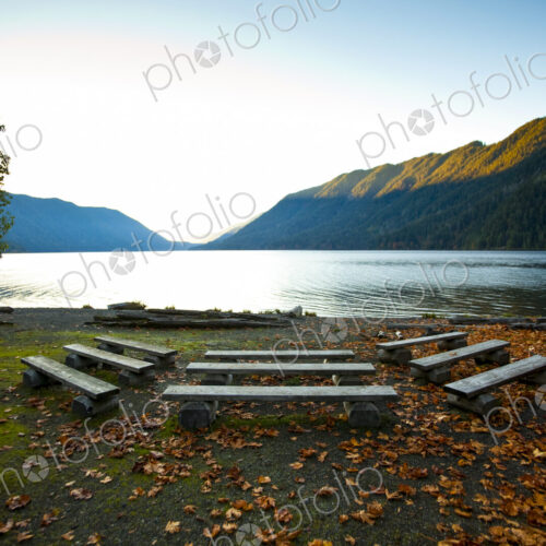 Wooden benches along Lake Crescent, Olympic National Park, WA USA