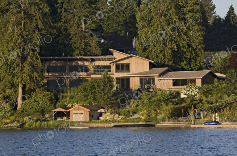 Wooden house overlooking river