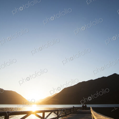 Wooden jetty on lake at Lake Crescent Lodge, Olympic National Park.