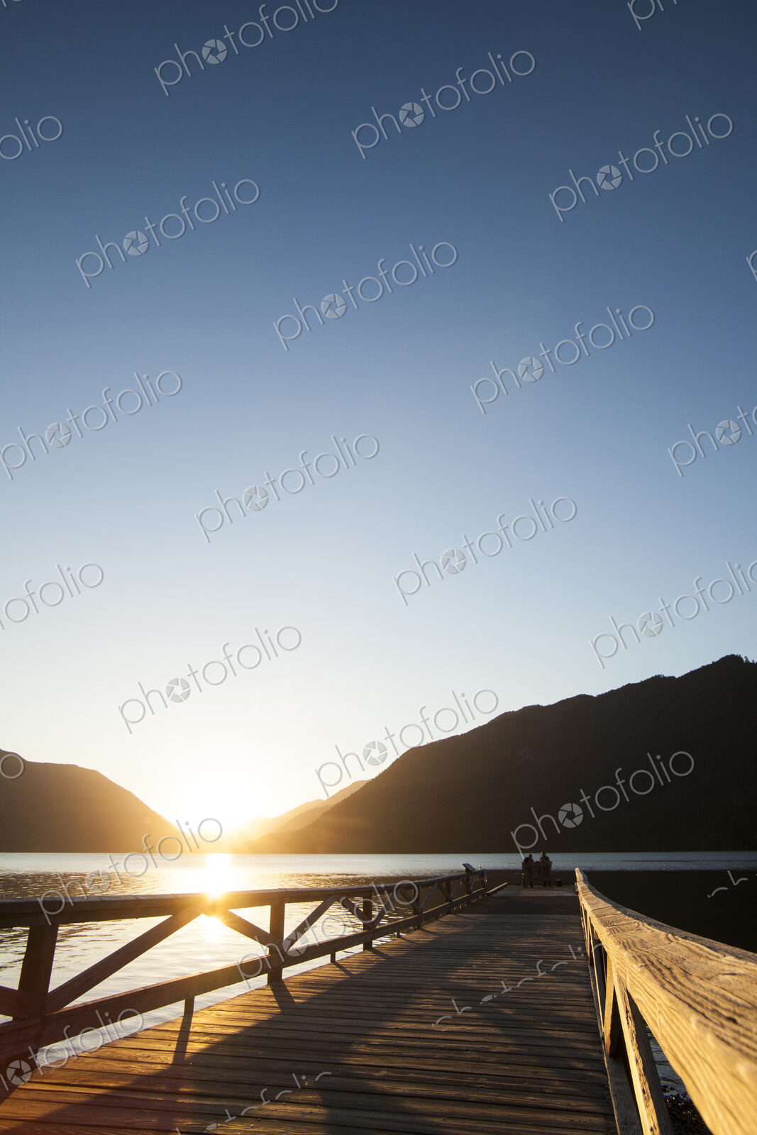 Wooden jetty on lake at Lake Crescent Lodge, Olympic National Park.