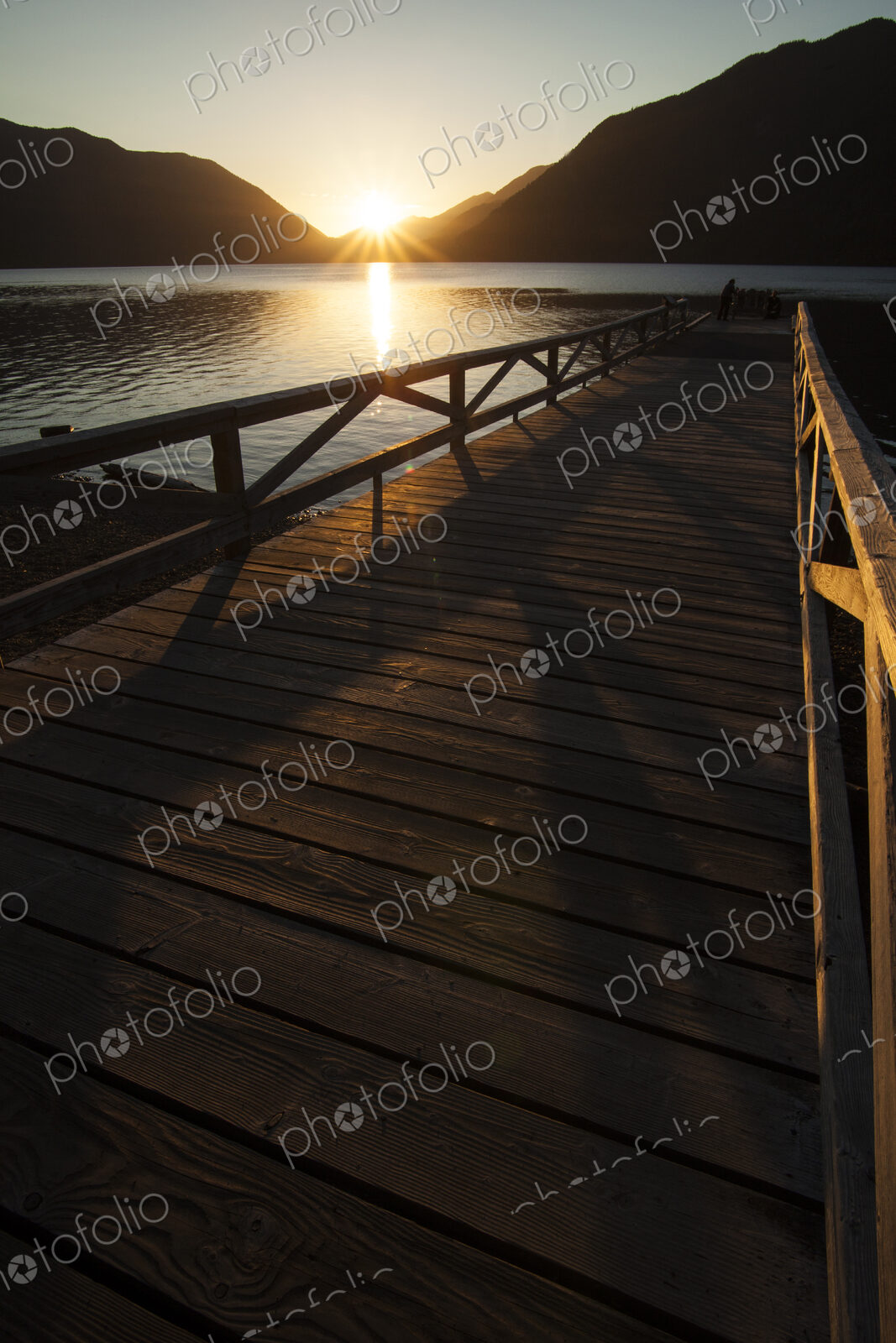 Wooden jetty on lake at Lake Crescent Lodge, Olympic National Park.