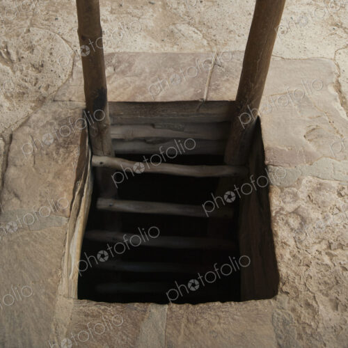 Wooden ladder into chamber, Mesa Verde National Park, Colorado, United States