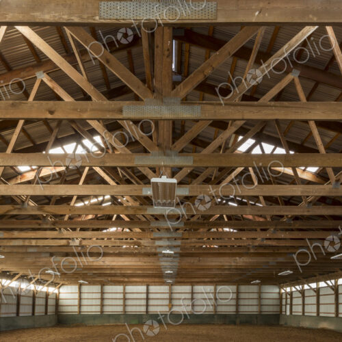 Wooden rafters in indoor horse riding ring
