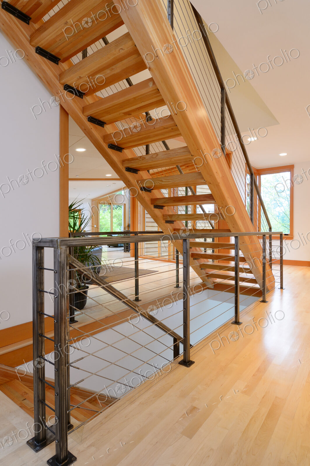 Wooden staircase in modern home