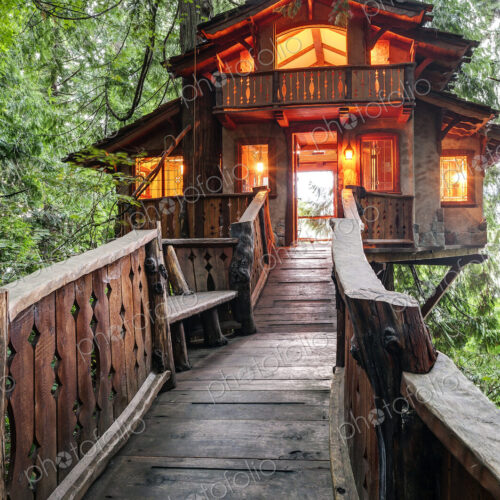 Wooden walkway to illuminated tree house Wooden walkway to illuminated tree house