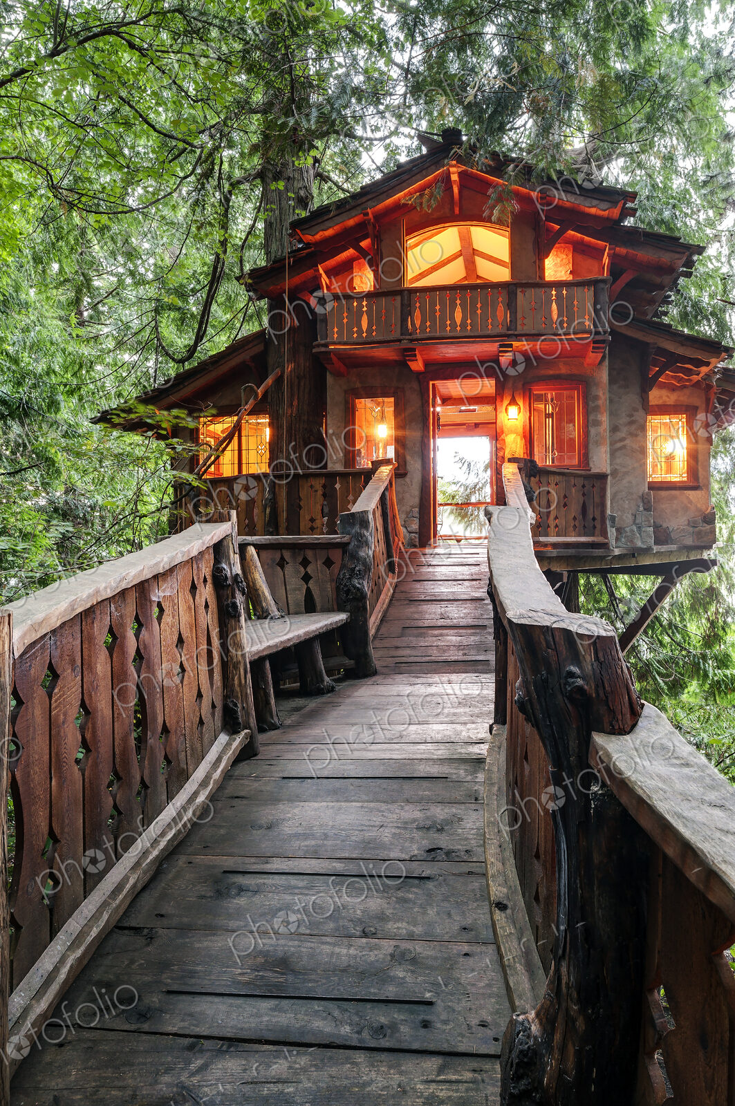 Wooden walkway to illuminated tree house