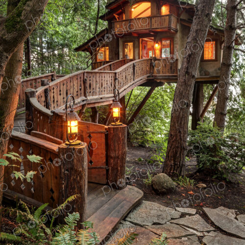 Wooden walkway to illuminated tree house Wooden walkway to illuminated tree house