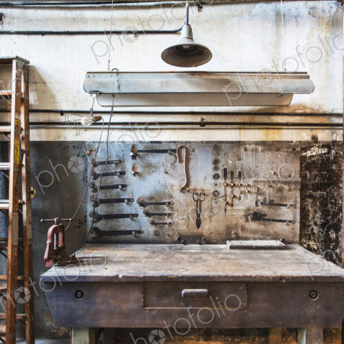 Work bench in rusty factory shop