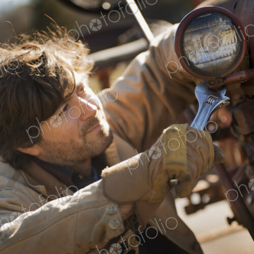 Working on an organic farm. A man in a brown jacket, using a spanner and working on… Working on an organic farm. A man in a brown jacket, using a spanner and working on…