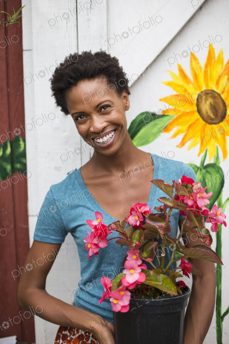Working on an organic farm. A woman holding a large flowering plant, a begonia with…