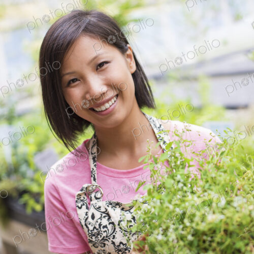 Working on an organic farm. A woman tending young plants in a glass house. Working on an organic farm. A woman tending young plants in a glass house.