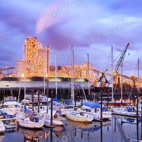 Yachts docked in harbor under illuminated city skyline, Seattle, Washington, United States