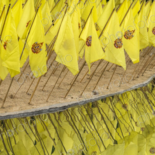 Yellow prayer flags stuck in sand over reflecting water at a wat temple. Yellow prayer flags stuck in sand over reflecting water at a wat temple.