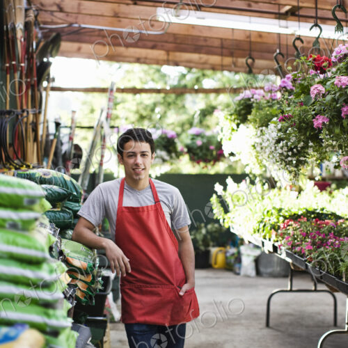 Young man employee in a red apron leaning against bags of compost at a garden center… Young man employee in a red apron leaning against bags of compost at a garden center…