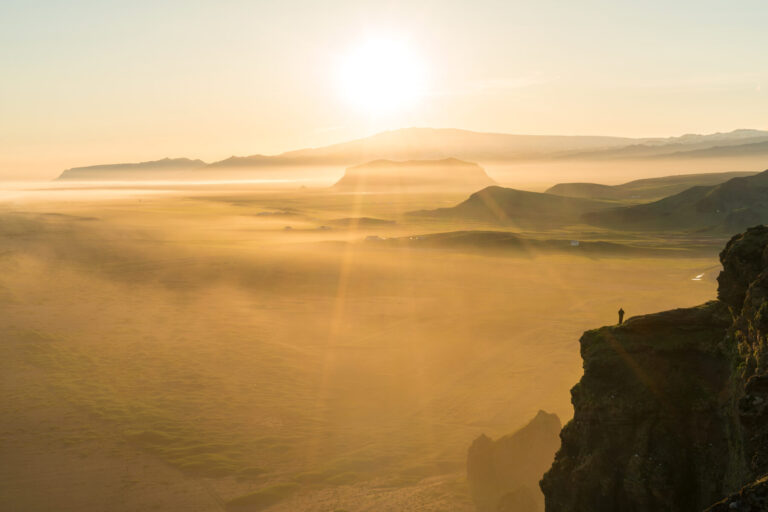 View at sunset from Dyrholaey Peninsula, near Vik, South Iceland (Sudurland), Iceland,…