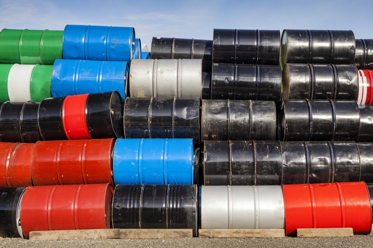 Stack of colorful petroleum barrels, Portland, Oregon, USA