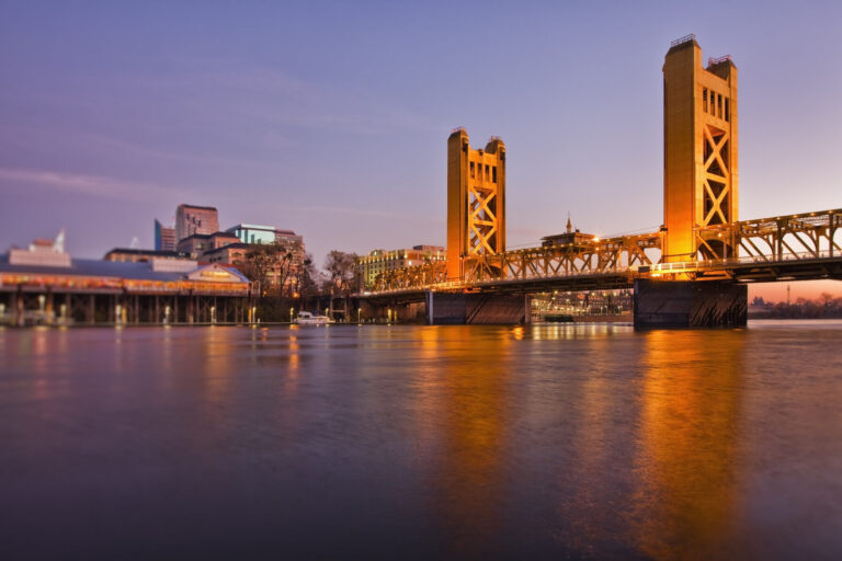 Tower Bridge at sunset, crossing bridge over the Sacramento River